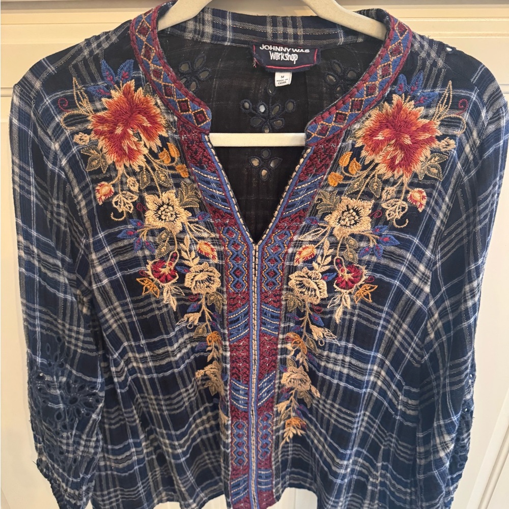 Johnny Was Multicolor Embroidered Plaid Blouse
